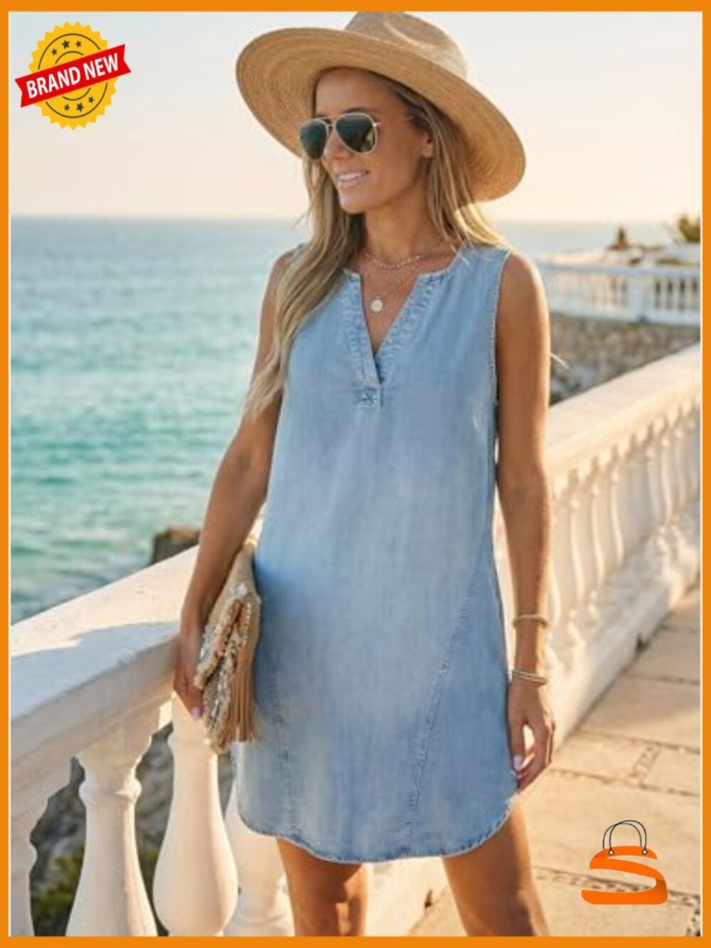 Denim Mini Dress V Neck Sleeveless A-Line Casual Summer Outfits - Picture 3 of 7
